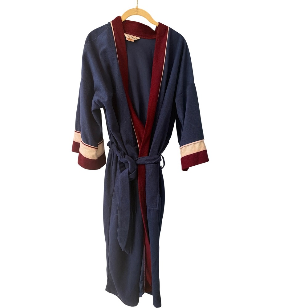 Vintage Sea Island Loungewear Blue Burgundy Trim One Size Fits All Robe Bathrobe